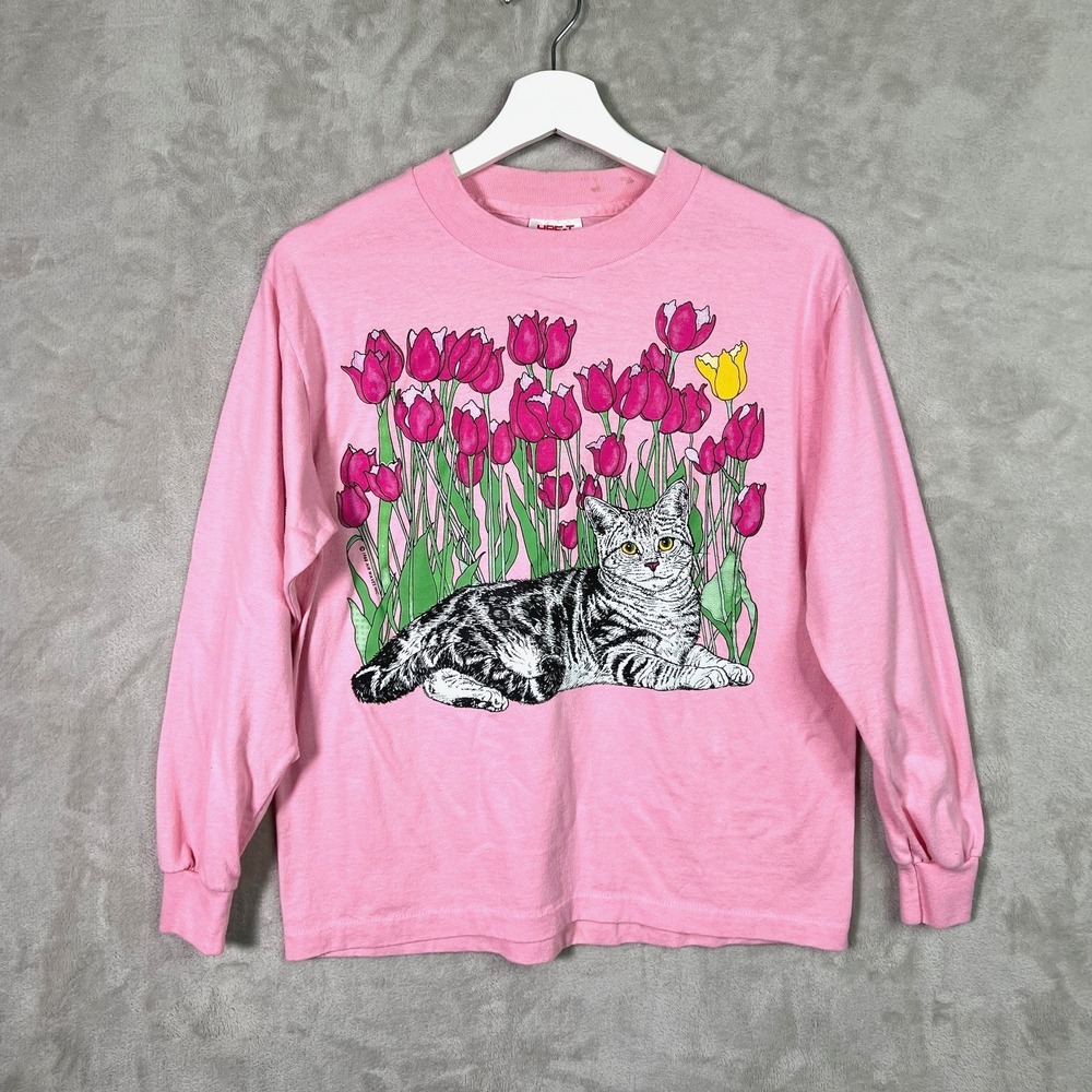 VTG 80s Cat  Floral Art Long Sleeve T Shirt Sz M Pink Single Stitch Tee